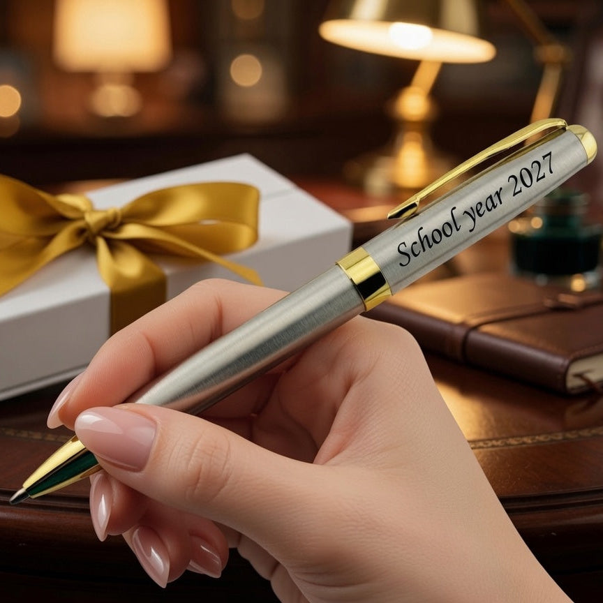 A hand holding a silver and gold pen engraved with 'School year 2027', with a white gift box and gold ribbon in the background on a wooden desk.