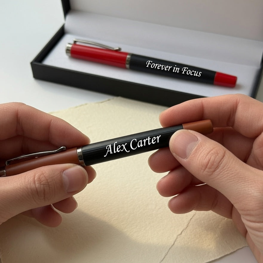 A close-up of a personalized black ballpoint pen with 'Alex Carter' engraved in white script, held by two hands. In the background, a red and black pen with 'Forever in Focus' engraved is displayed inside an open black presentation box.