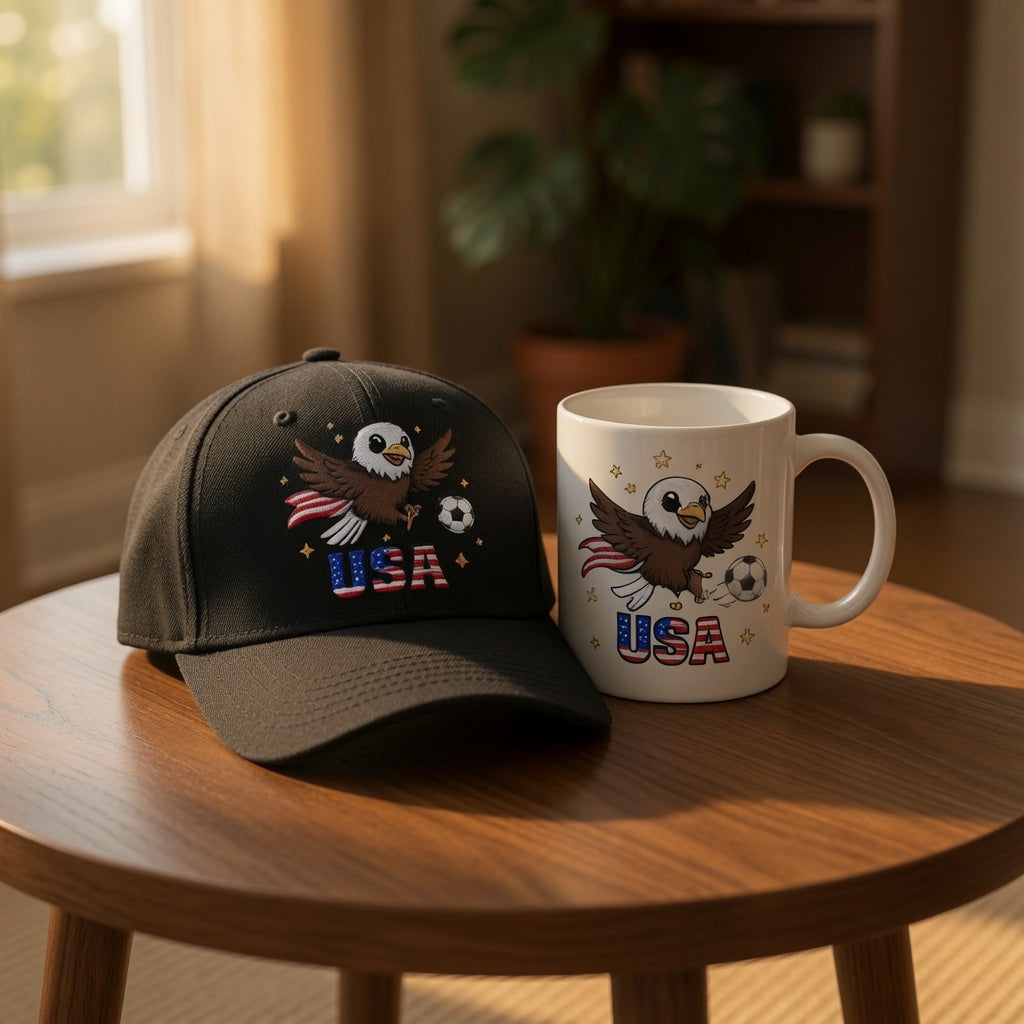 USA Cute Eagle Soccer Gift Set | Shirt + Cap + Mug