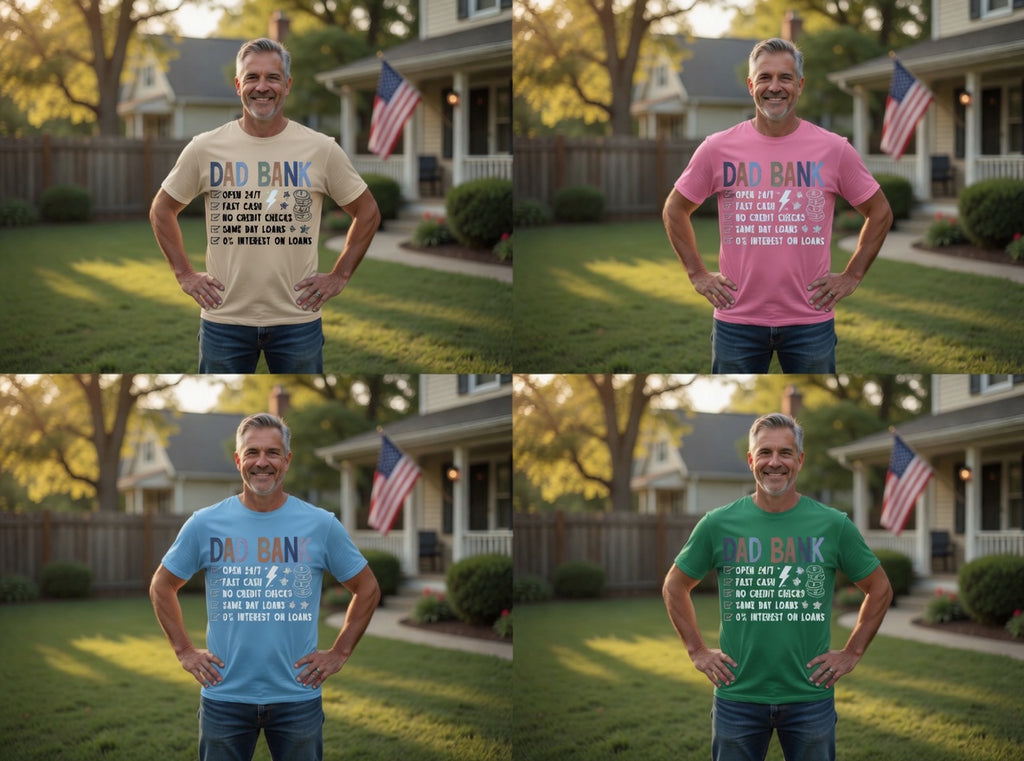 Dad Bank funny t-shirt — Open 24/7, Fast Cash, No Credit Checks. Retro vintage design, DTF printed in Texas. The Father's Day gift that gets a laugh.