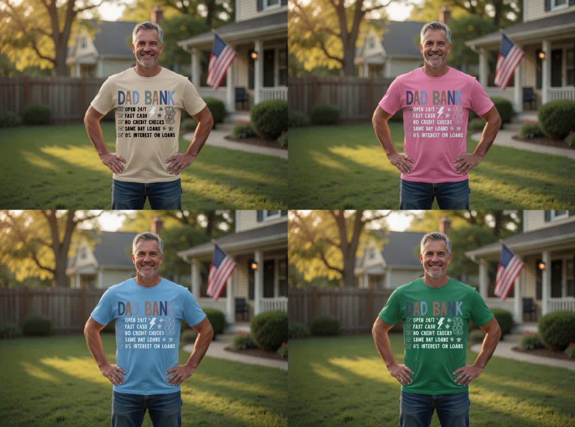Dad Bank funny t-shirt — Open 24/7, Fast Cash, No Credit Checks. Retro vintage design, DTF printed in Texas. The Father's Day gift that gets a laugh.