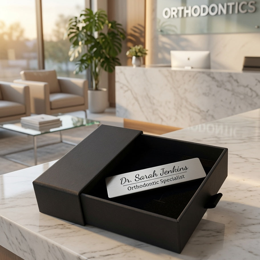 A black presentation box with its lid off, placed on a white marble counter in a modern orthodontics office. Inside the box is a white card that reads 'Dr.