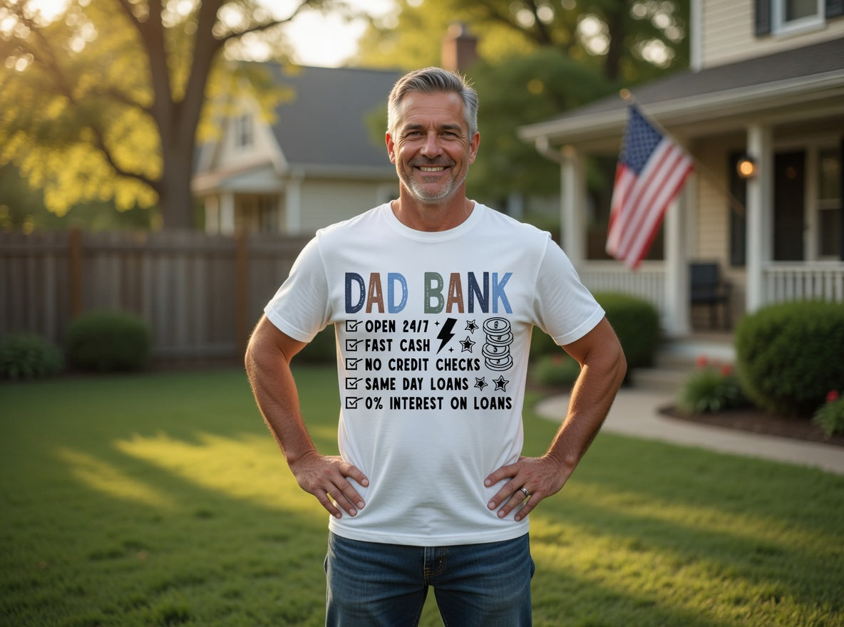 Dad Bank funny t-shirt — Open 24/7, Fast Cash, No Credit Checks. Retro vintage design, DTF printed in Texas. The Father's Day gift that gets a laugh.