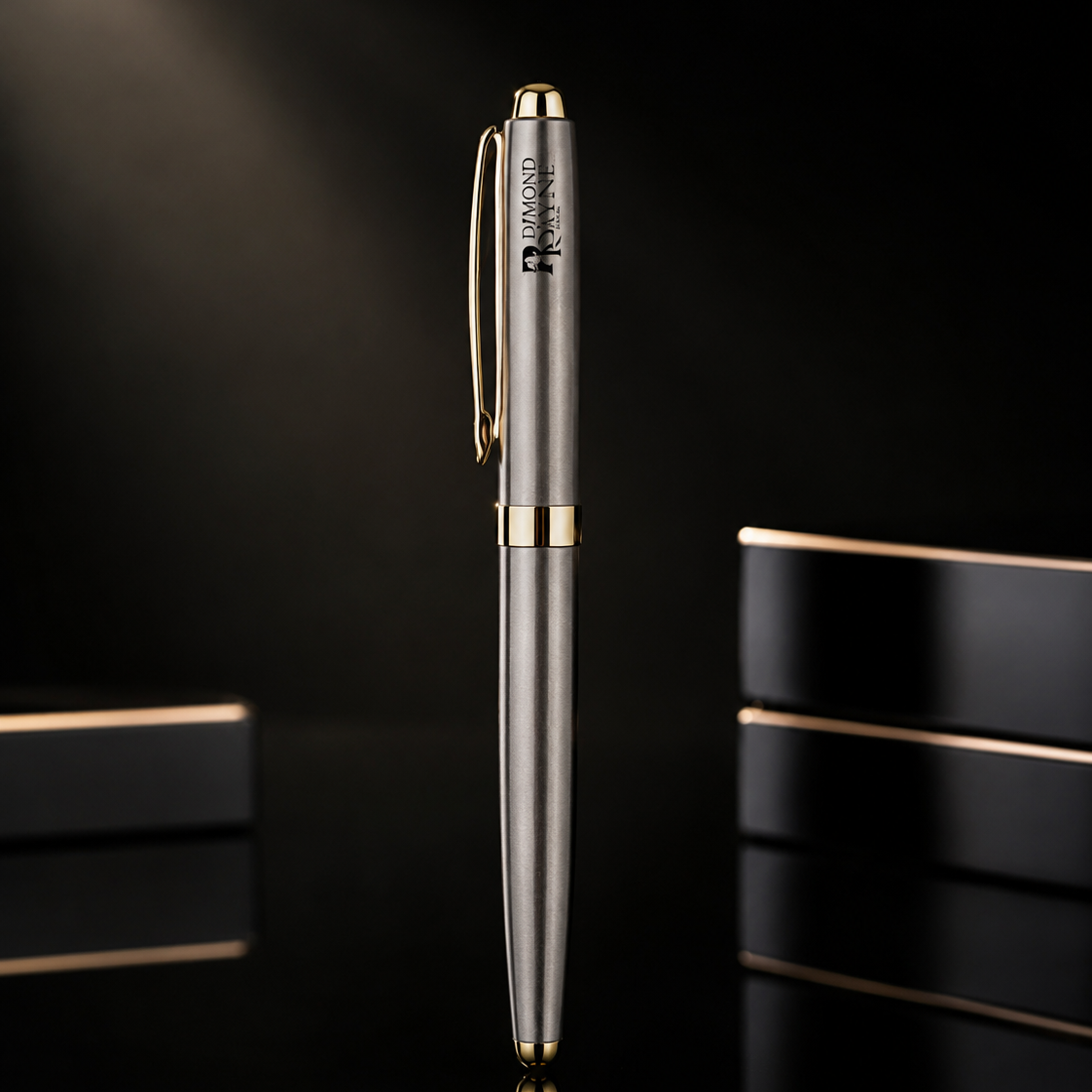 A slim metallic pen with gold accents stands upright on a glossy black surface. The barrel is a dark gunmetal gray with gold trim, and the cap features a gold clip and gold tip.