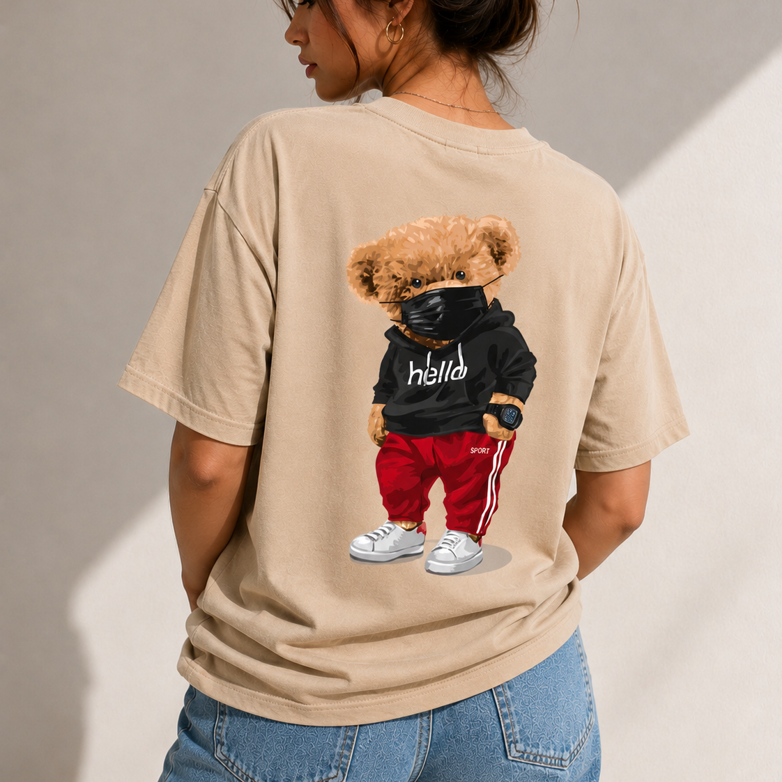 Hello Sporty Bear Tee Oversized Streetwear Unisex T-Shirt, Trendy Bear Print Shirt, Y2K Aesthetic Graphic Tee, Gift for Her