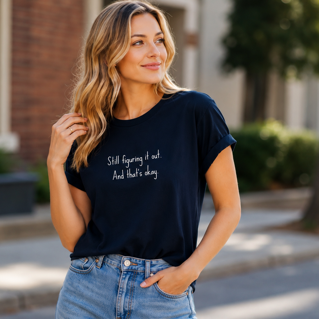 Woman wearing a black t-shirt with text, standing outdoors.