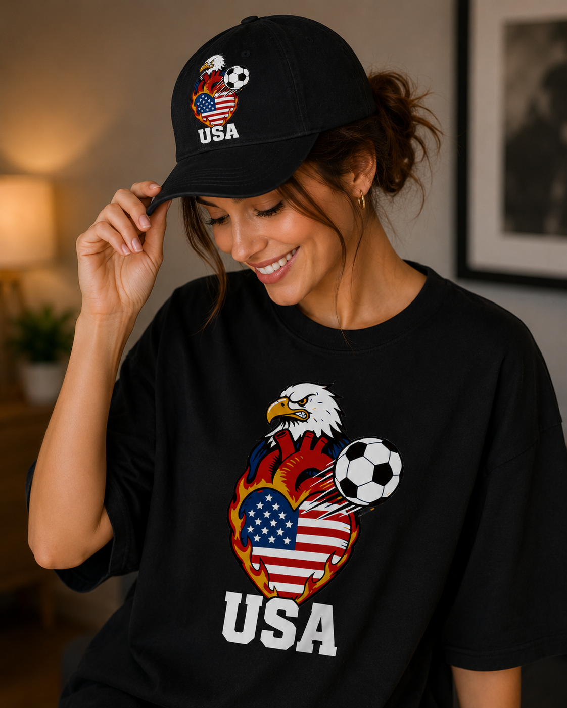 USA Eagle Fire Heart Soccer Cap | Black
