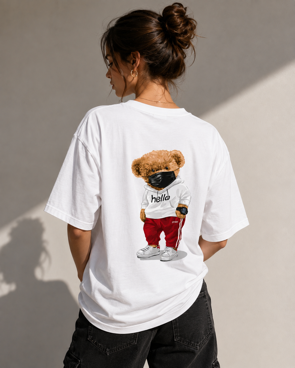Hello Sporty Bear Tee Oversized Streetwear Unisex T-Shirt, Trendy Bear Print Shirt, Y2K Aesthetic Graphic Tee, Gift for Her