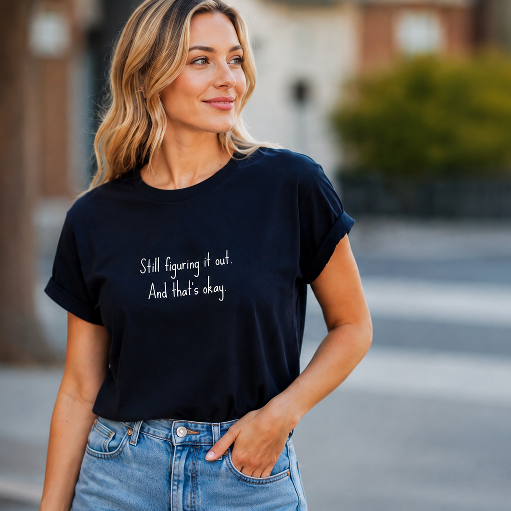 Woman wearing a black t-shirt with text, standing outdoors.