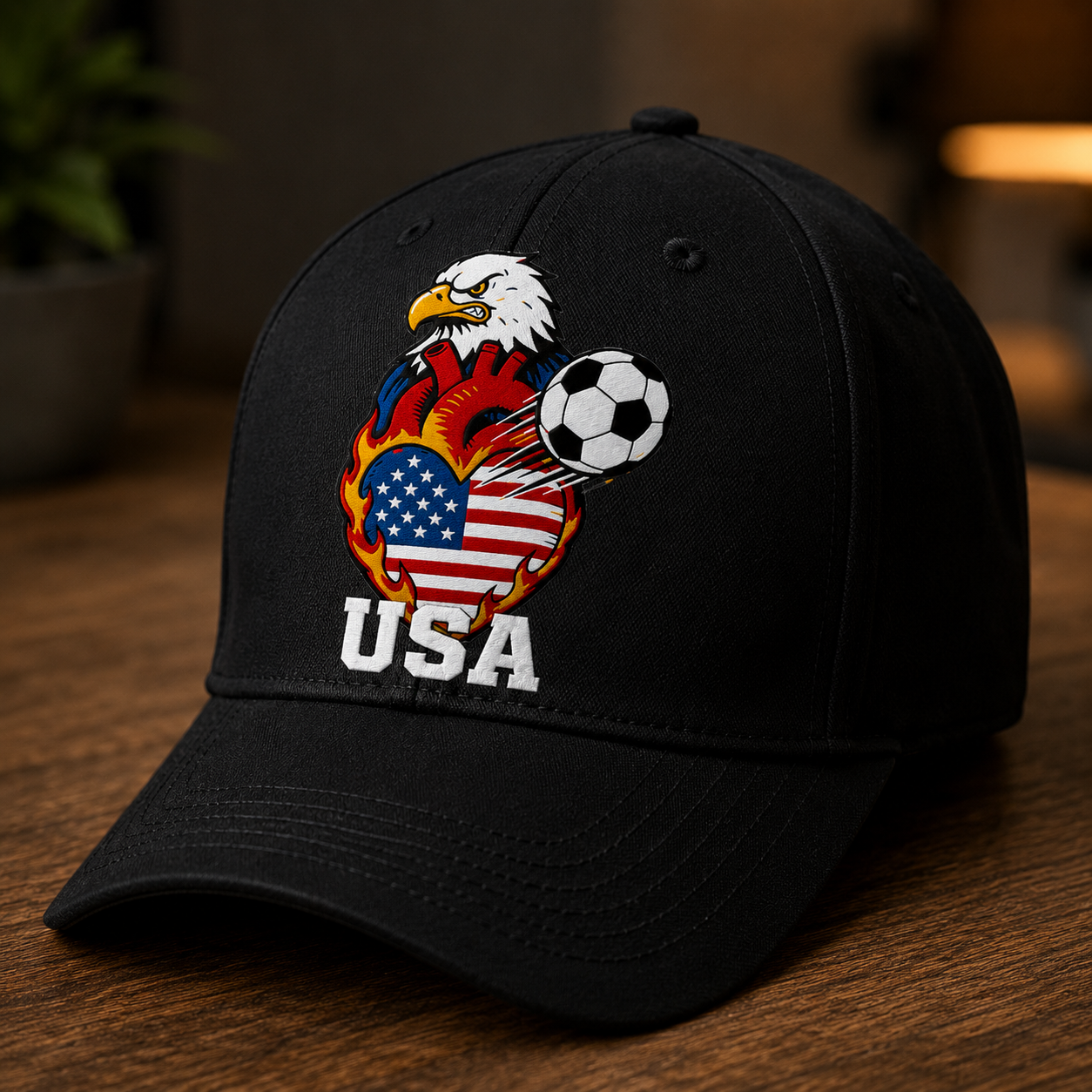 USA Eagle Fire Heart Soccer Cap | Black