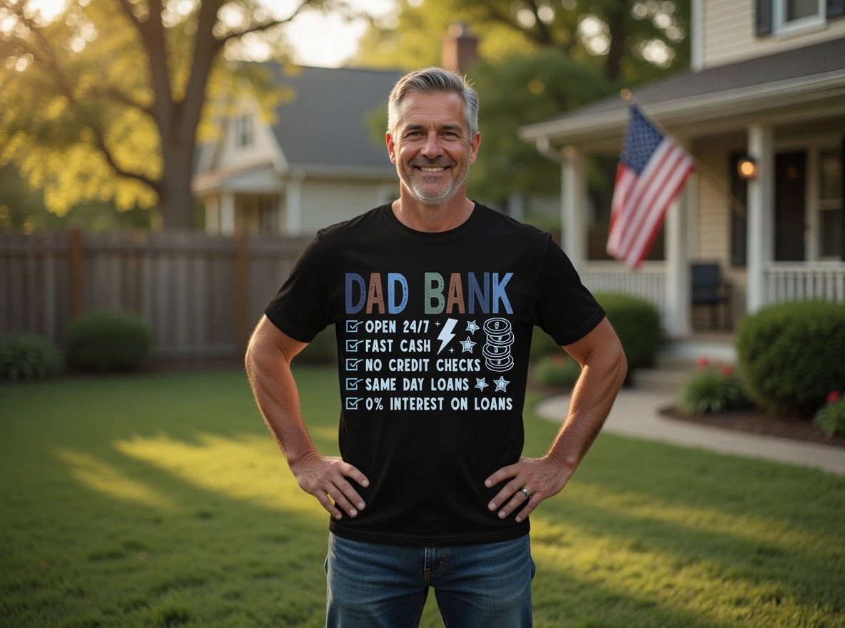 Dad Bank funny t-shirt — Open 24/7, Fast Cash, No Credit Checks. Retro vintage design, DTF printed in Texas. The Father's Day gift that gets a laugh.