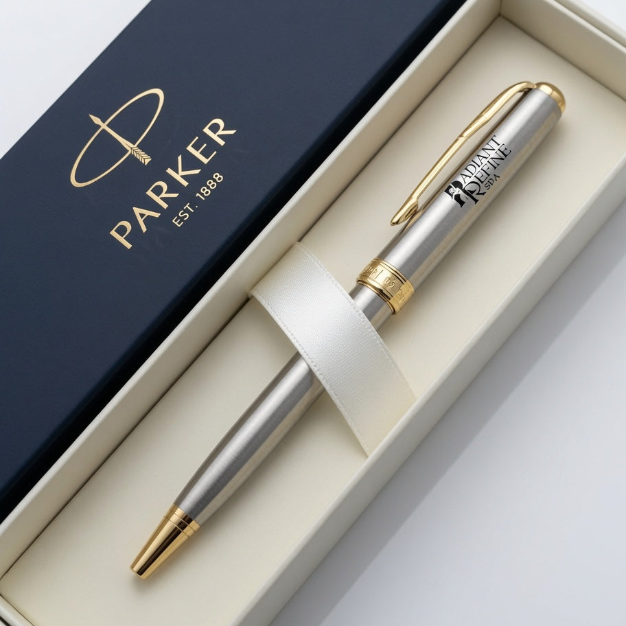A Parker ballpoint pen with a silver body and gold accents, presented inside an open cream-colored gift box next to its navy blue lid.