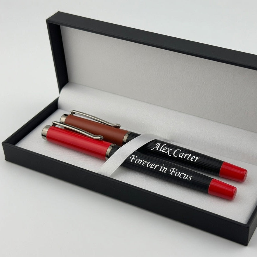 A personalized black and red pen set with a brown barrel pen, presented inside an open black gift box with a white interior. The black pen features the engraved text 'Alex Carter Forever in Focus' wrapped around a white ribbon.