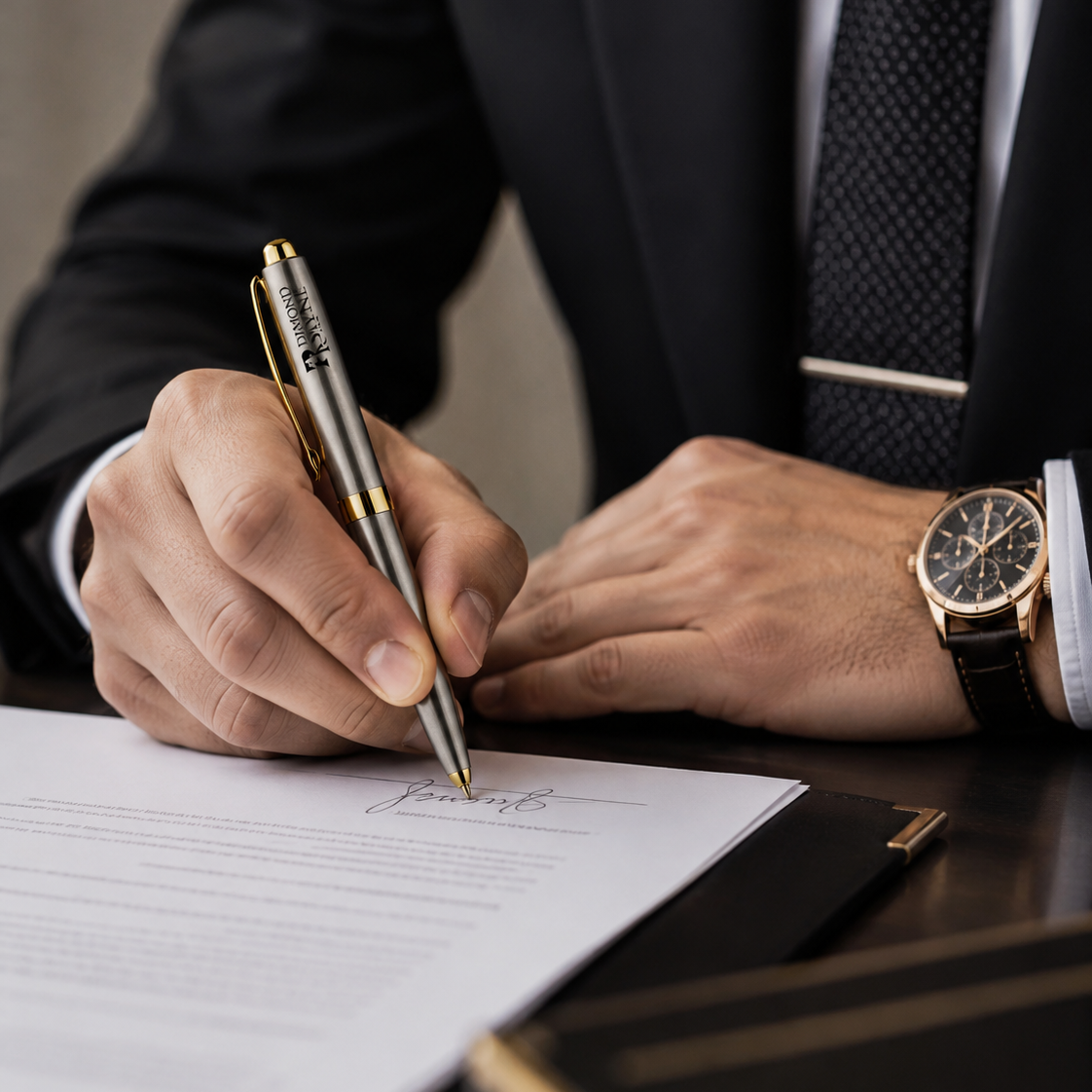 A close-up of a person in a black suit and patterned tie signing a document with a metallic silver and gold pen, wearing a gold-tone wristwatch.