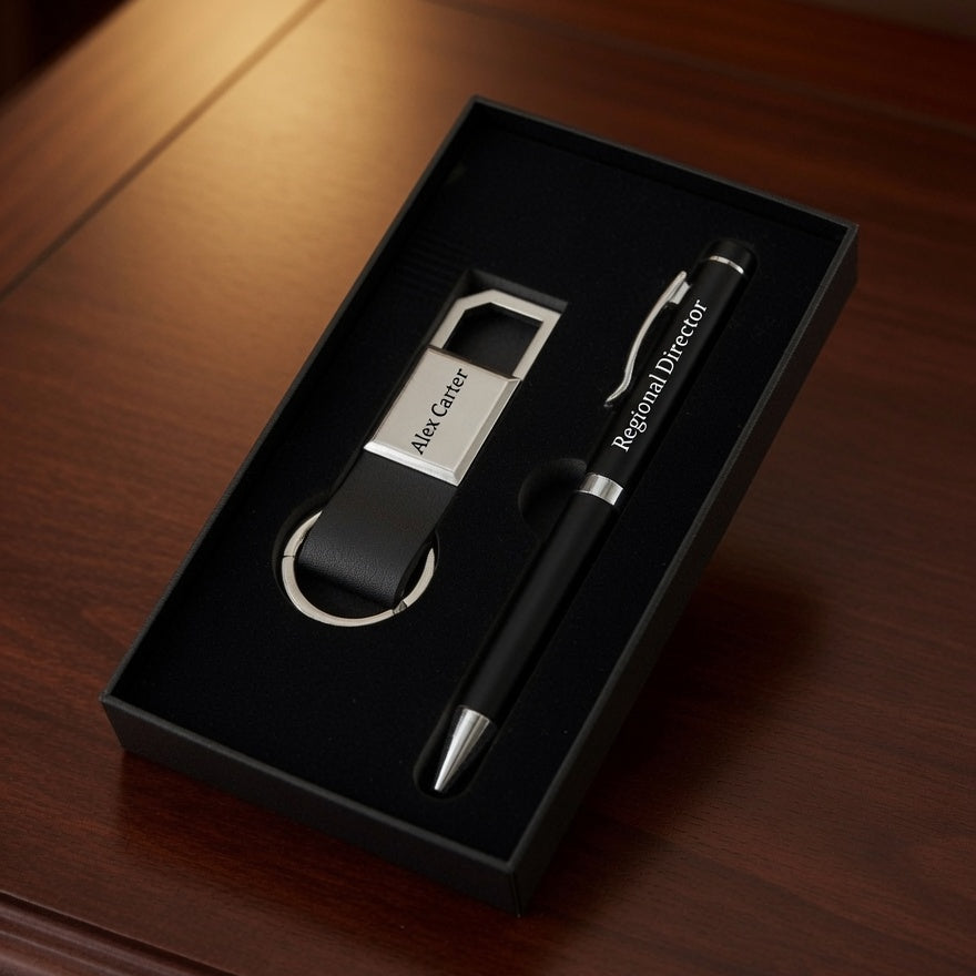 A personalized black and silver pen and matching keychain gift set displayed inside a black presentation box on a dark wood table. The pen is labeled 'Robert Detective' and the keychain is labeled 'Alan Carter'.