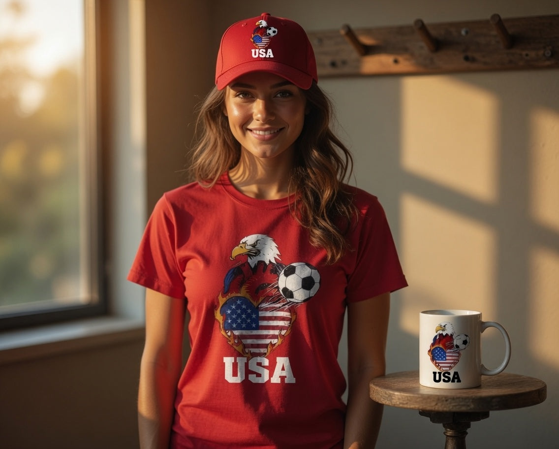 USA Eagle Fire Heart Soccer Gift Set | Shirt + Cap + Mug