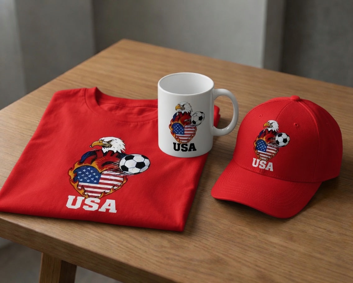 USA Eagle Fire Heart Soccer Gift Set | Shirt + Cap + Mug