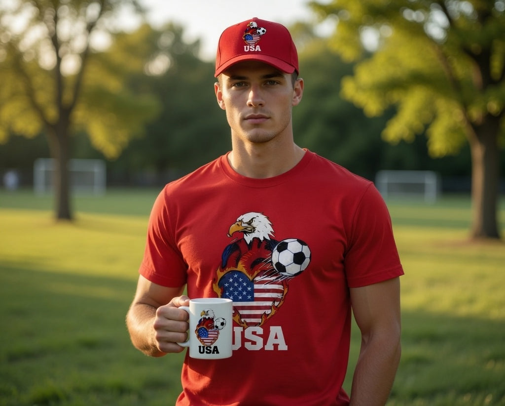 USA Eagle Fire Heart Soccer Gift Set | Shirt + Cap + Mug