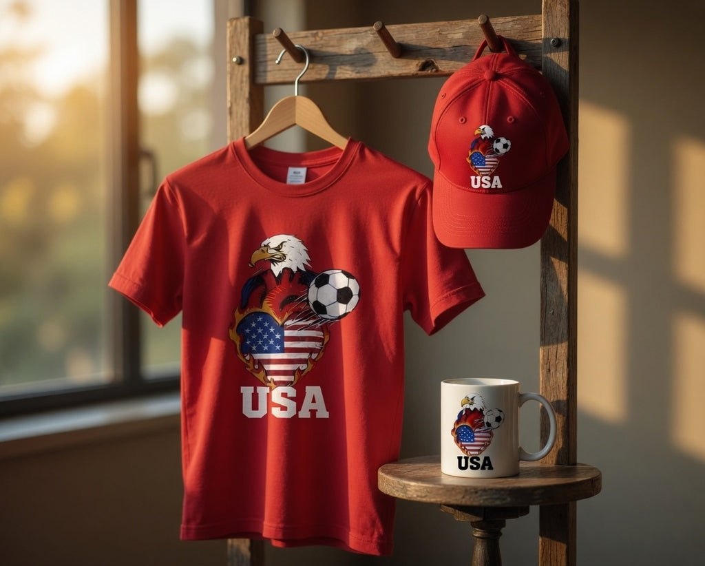 USA Eagle Fire Heart Soccer Gift Set | Shirt + Cap + Mug