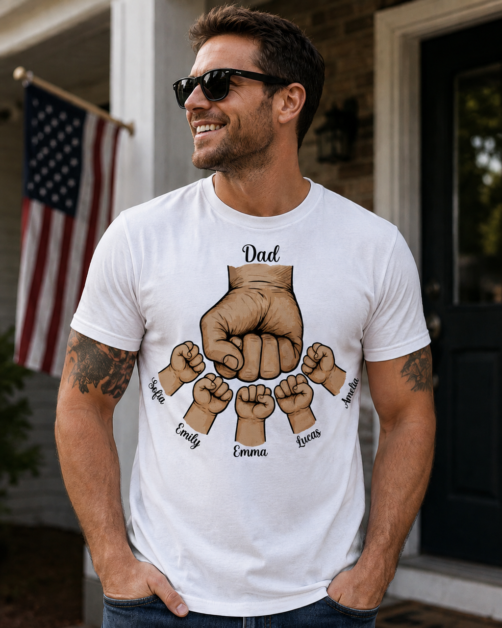 Custom Dad Fist Bump t-shirt personalized with kids' names. Each fist represents a child. DTF printed in Texas. The Father's Day gift he'll treasure.