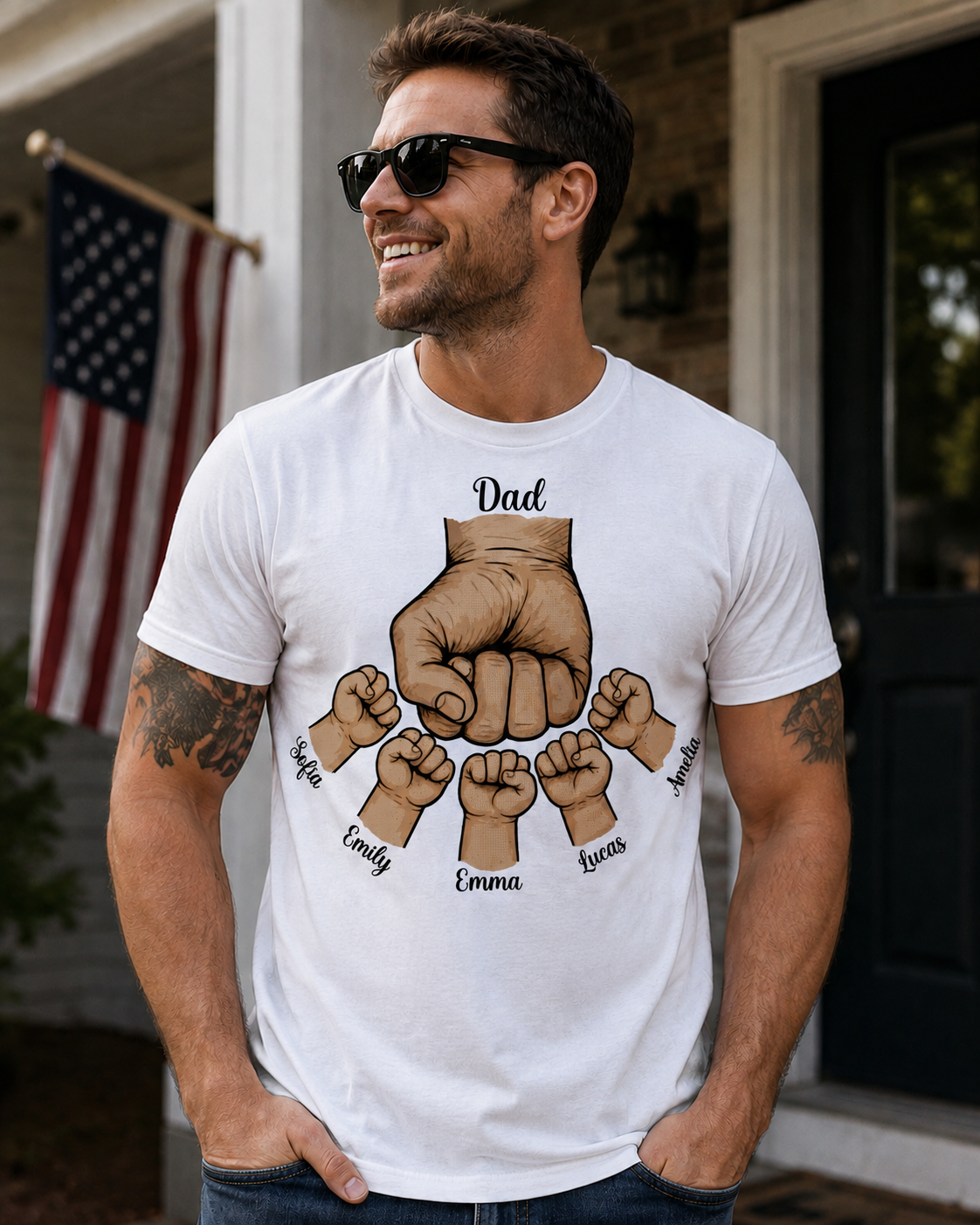 Custom Dad Fist Bump t-shirt personalized with kids' names. Each fist represents a child. DTF printed in Texas. The Father's Day gift he'll treasure.