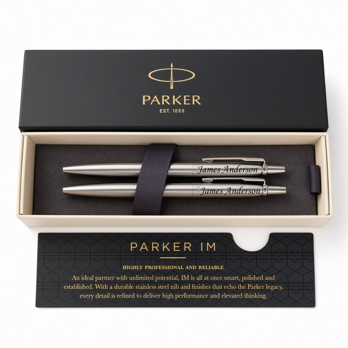 Parker IM ballpoint pen set with two silver pens in a beige presentation box, shown with the black branded lid and a black card below on a white background.