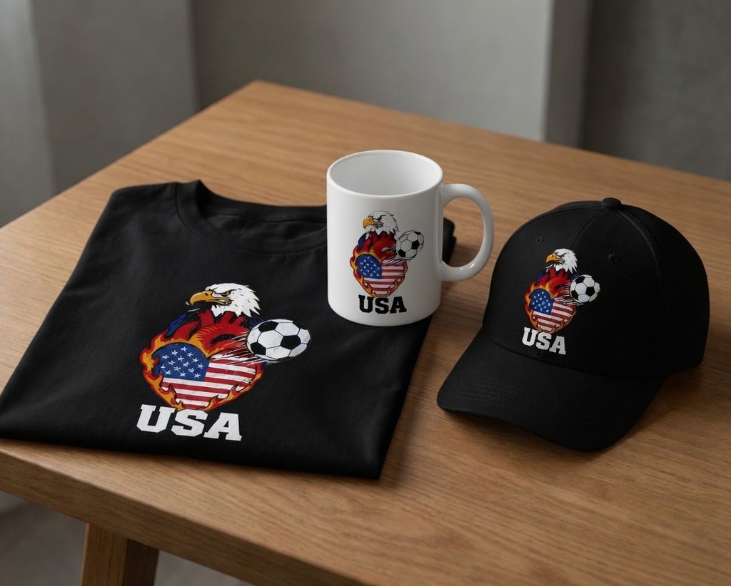 USA Eagle Fire Heart Soccer Gift Set | Shirt + Cap + Mug