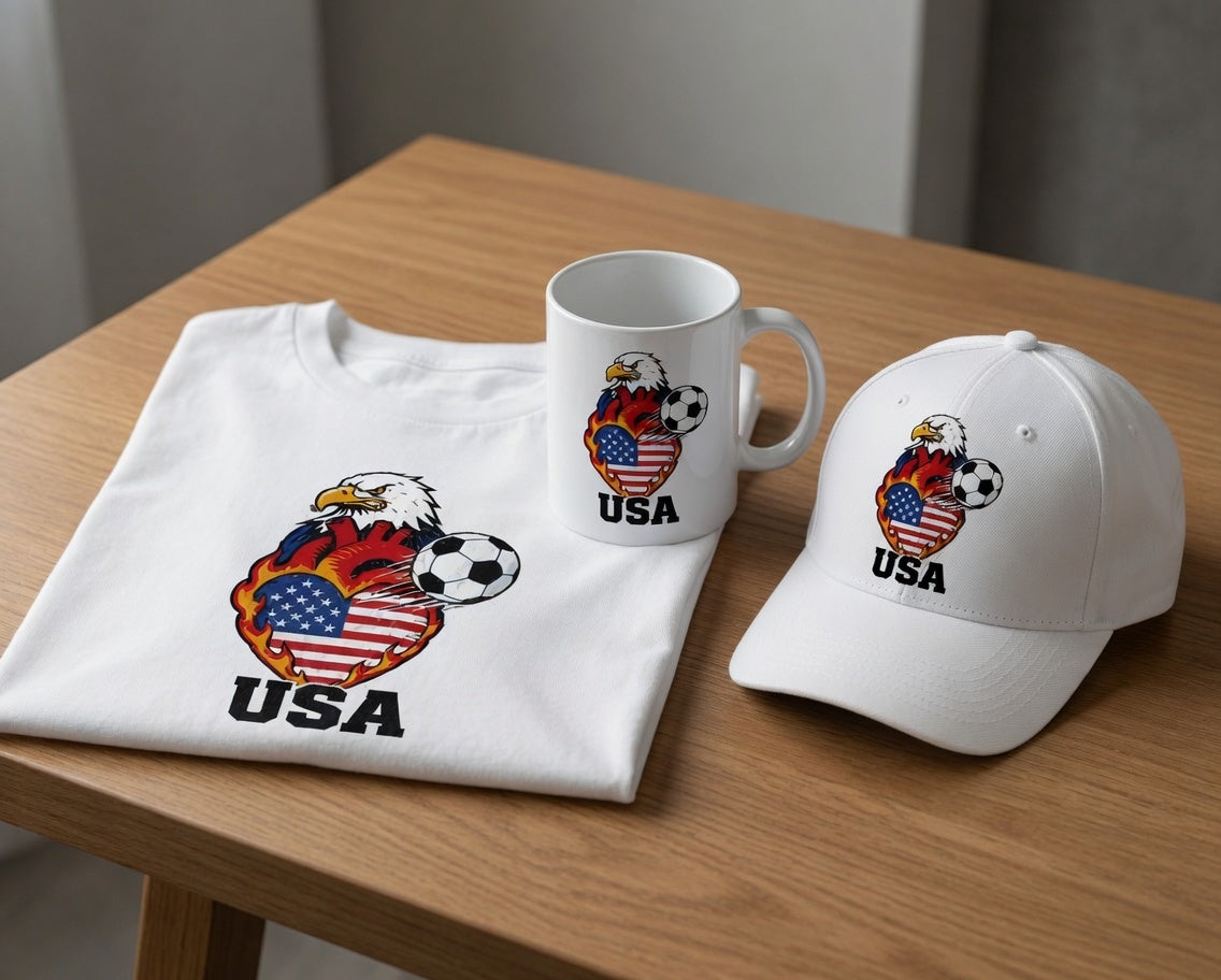 USA Eagle Fire Heart Soccer Gift Set | Shirt + Cap + Mug