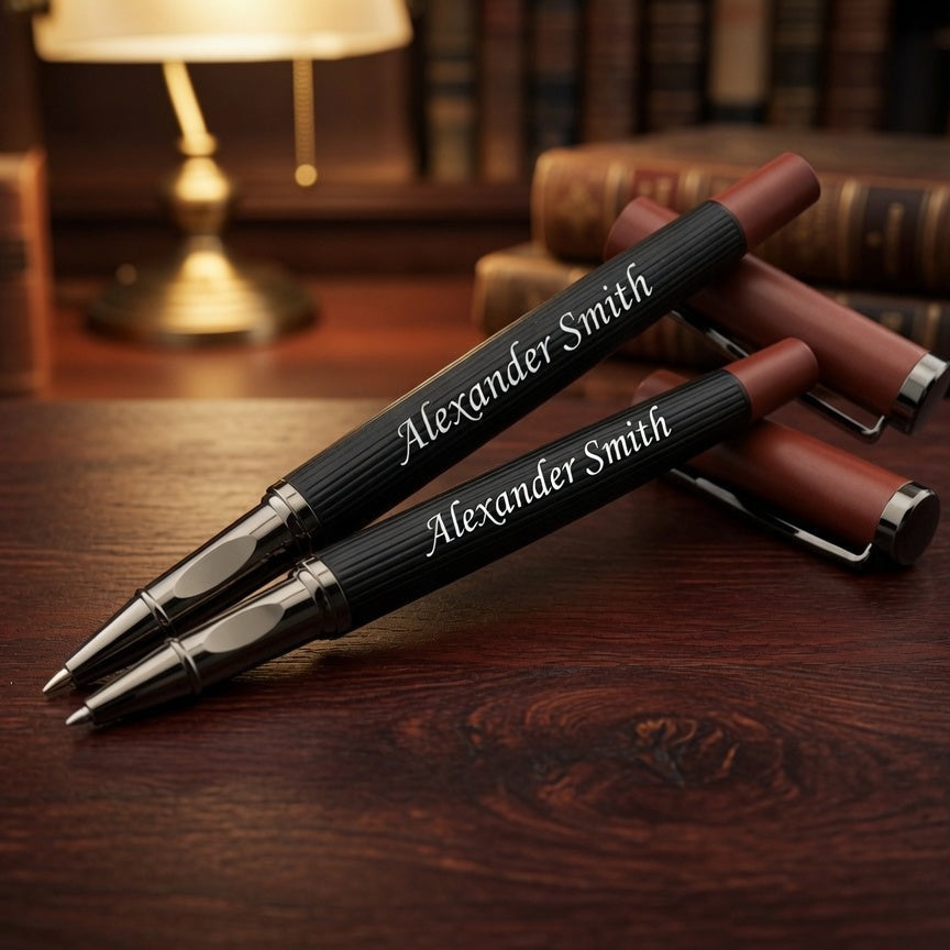 Three personalized ballpoint pens with black ribbed barrels, silver metal tips, and reddish-brown accents, resting on a dark wooden desk with books and a lamp in the background. The pens are engraved with the name 'Alexander Smith'.