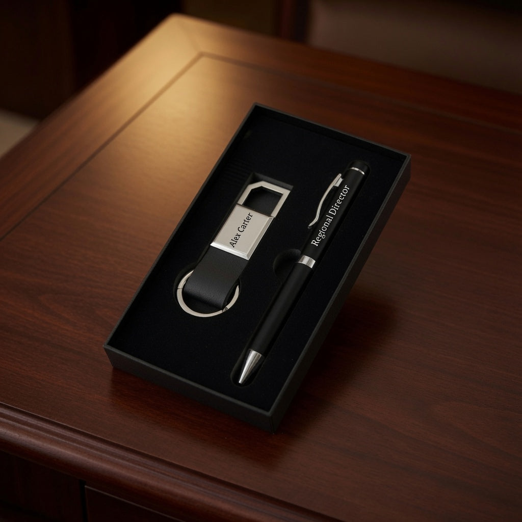 A personalized black and silver gift set containing a pen and a keychain fob, presented in a black box on a dark wooden table.