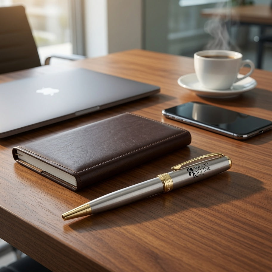 A silver ballpoint pen with gold accents and a dark brown leather notebook are arranged on a wooden desk next to a closed laptop, smartphone, and a cup of coffee with steam rising.