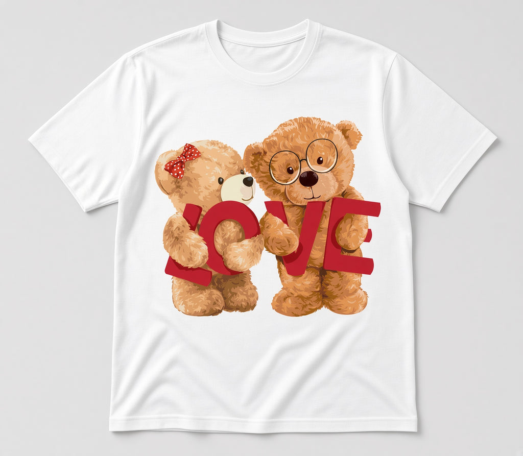 A white short-sleeve crewneck t-shirt featuring a graphic print of two teddy bears hugging and holding the word 'LOVE' in red letters, displayed on a light gray background.