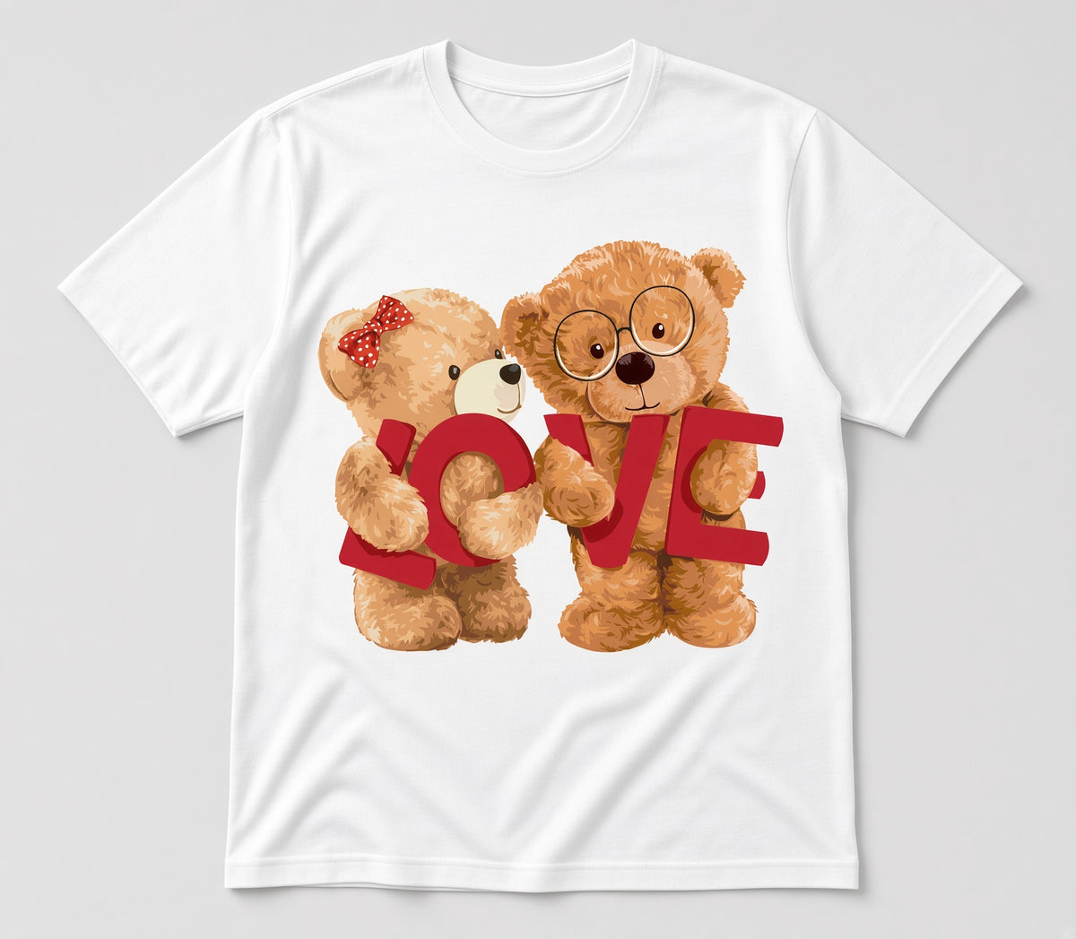 A white short-sleeve crewneck t-shirt featuring a graphic print of two teddy bears hugging and holding the word 'LOVE' in red letters, displayed on a light gray background.