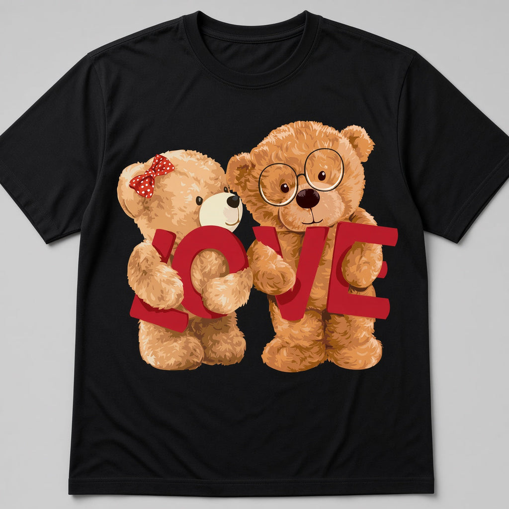 A black short-sleeve crewneck t-shirt featuring a graphic print of two brown teddy bears holding the word 'LOVE' in red letters, displayed against a solid gray background.