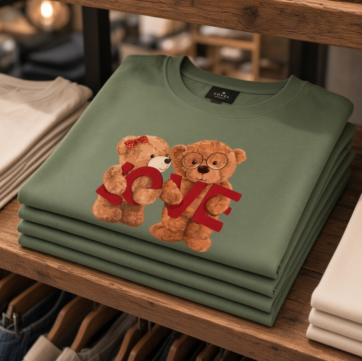 A folded sage green crewneck t-shirt displayed on a wooden retail shelf. The shirt features a graphic of two teddy bears holding a red 'LOVE' letter arrangement.