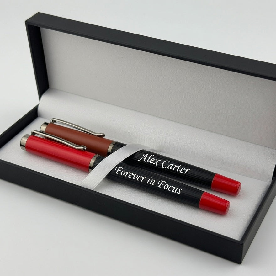 A personalized black and red pen set with a brown barrel pen, presented inside an open black gift box with a white interior. The black pen features the engraved text 'Alex Carter Forever in Focus' wrapped around a white ribbon.