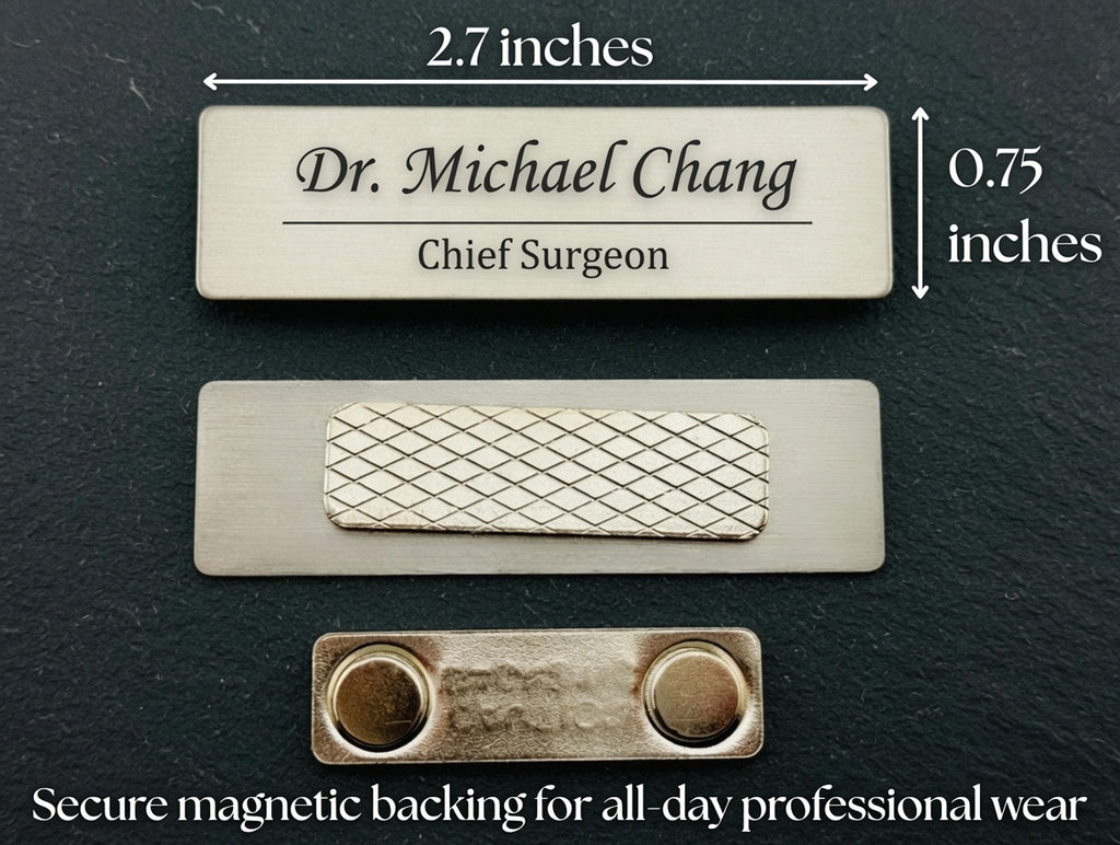 Custom magnetic nameplate for professionals, shown in three sizes with dimensions labeled: 2.7 inches by 0.