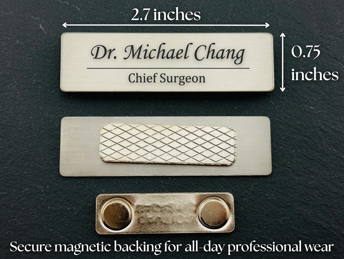 Custom magnetic nameplate for professionals, shown in three sizes with dimensions labeled: 2.7 inches by 0.