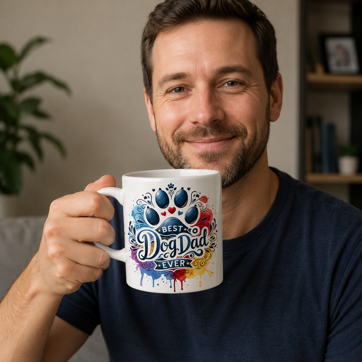Best Dog Dad Ever Colorful Rainbow Mug | Artistic Paw Print |