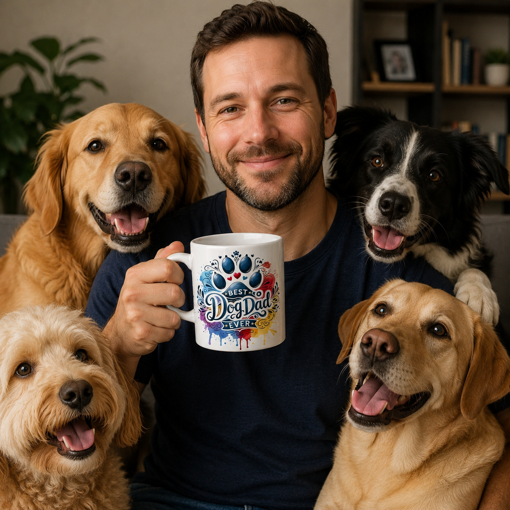 Best Dog Dad Ever Colorful Rainbow Mug | Artistic Paw Print |