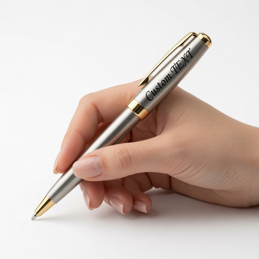 A hand holding a metallic silver ballpoint pen with gold trim and black engraved text that reads 'Custom: [name]', set against a clean white background.