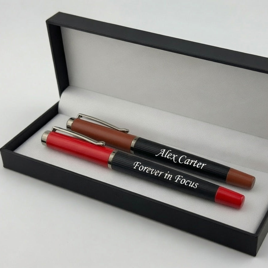 A personalized pen gift set featuring two custom pens with black barrels, one with a brown cap and one with a red cap, both engraved with names and a slogan, presented in an open black gift box on a white background.