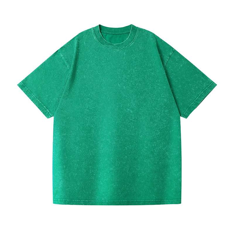 A green short-sleeve crewneck t-shirt with a subtle mineral wash texture, shown flat against a solid white background.