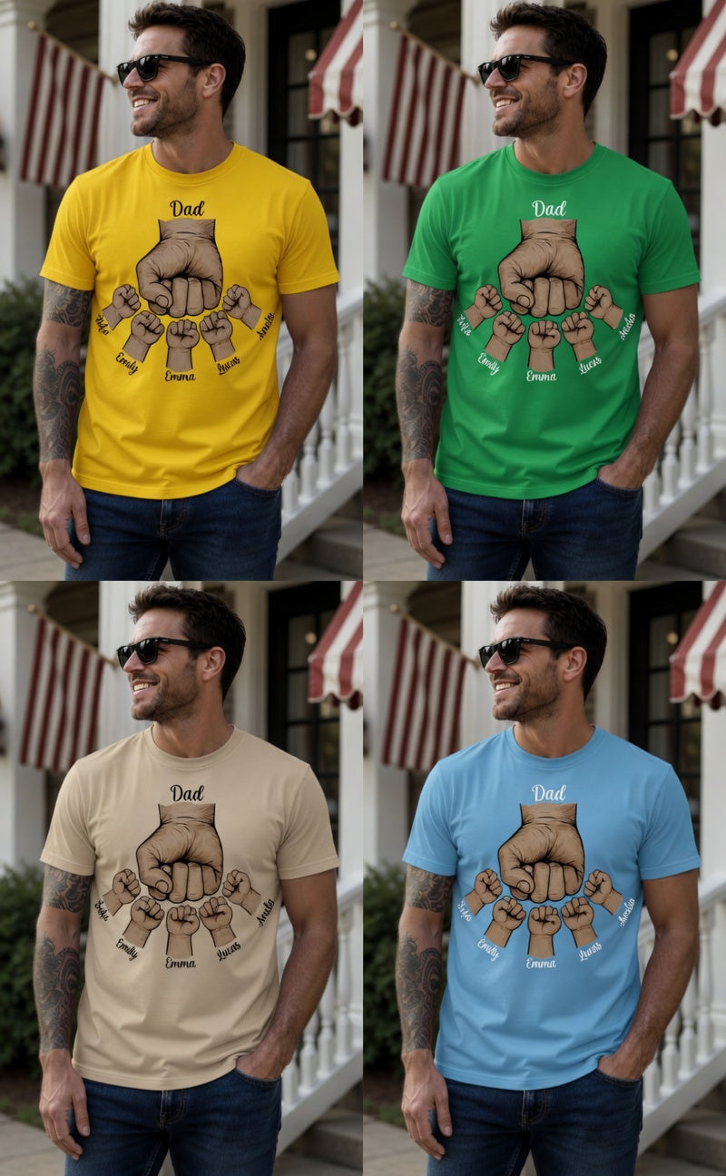 Custom Dad Fist Bump t-shirt personalized with kids' names. Each fist represents a child. DTF printed in Texas. The Father's Day gift he'll treasure.