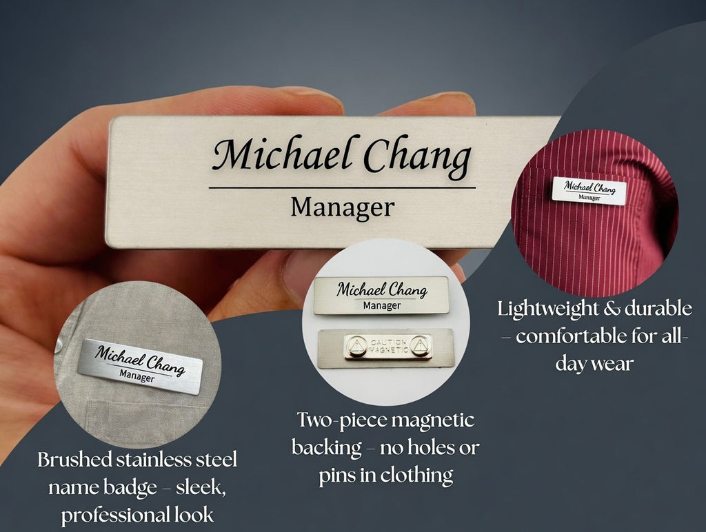 A personalized name badge for a manager, held in a hand against a dark blue-gray background. The badge is cream-colored with black text reading 'Michael Chang Manager'.