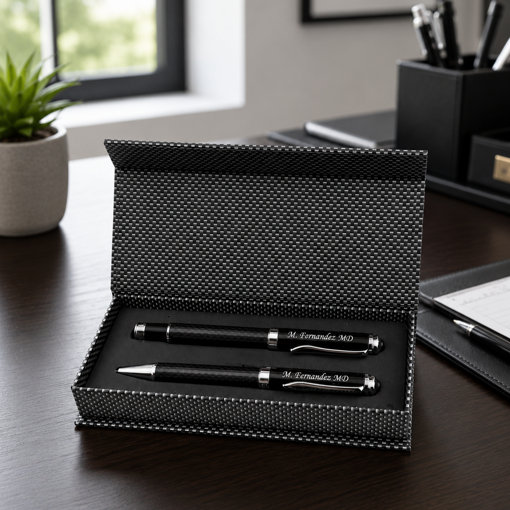 A black pen and pencil set presented in an open textured black gift box on a dark wooden desk, with a blurred office background.