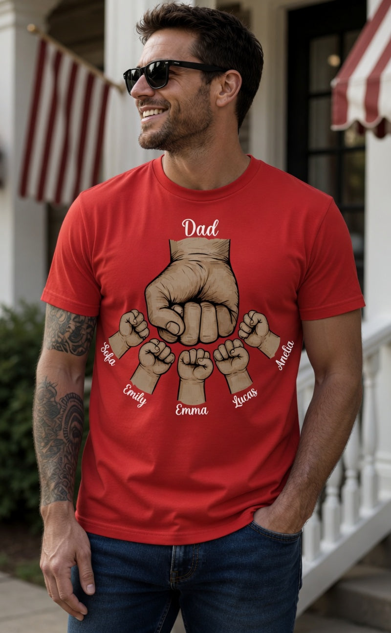 Custom Dad Fist Bump t-shirt personalized with kids' names. Each fist represents a child. DTF printed in Texas. The Father's Day gift he'll treasure.