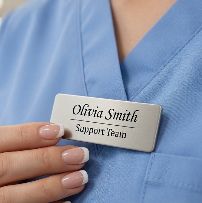 A close-up of a person in light blue medical scrubs holding a rectangular name tag that reads 'Olivia Smith Support Team.' The background is a softly blurred hospital corridor, and the text 'Style 2' appears in the lower right corner.
