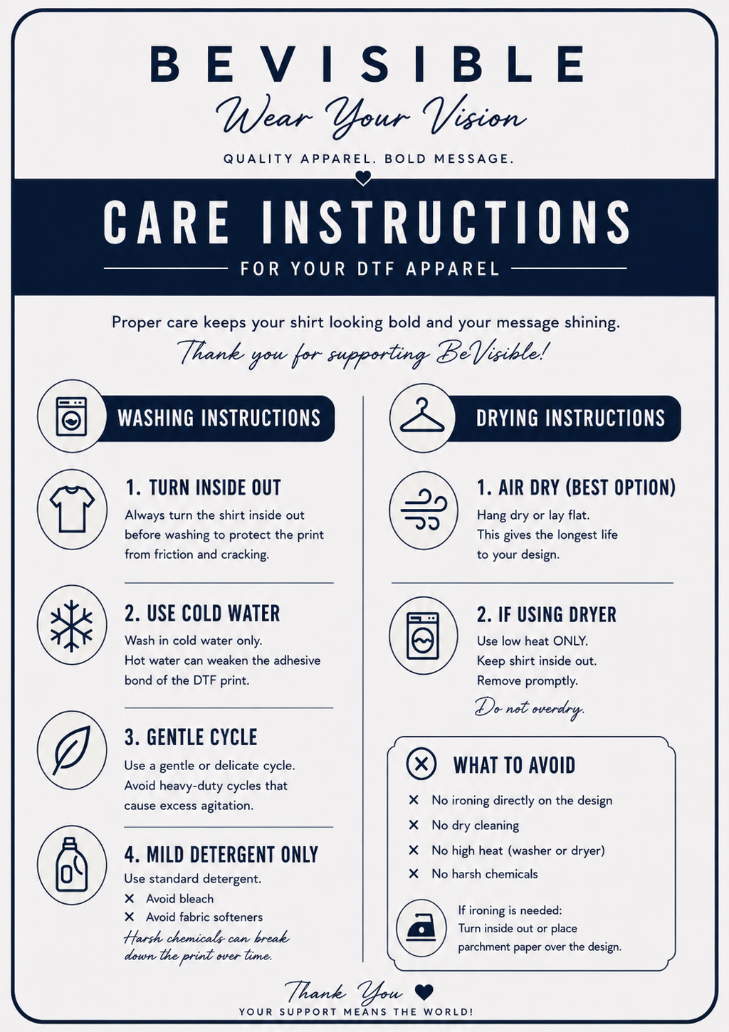A digital graphic card displaying care instructions for DTF (Direct to Film) apparel under the brand 'Bevisible'. The card features a clean, two-column layout with dark navy blue headers, white text, and simple line icons representing washing and drying instructions, along with a 'What to Avoid' box at the bottom right.