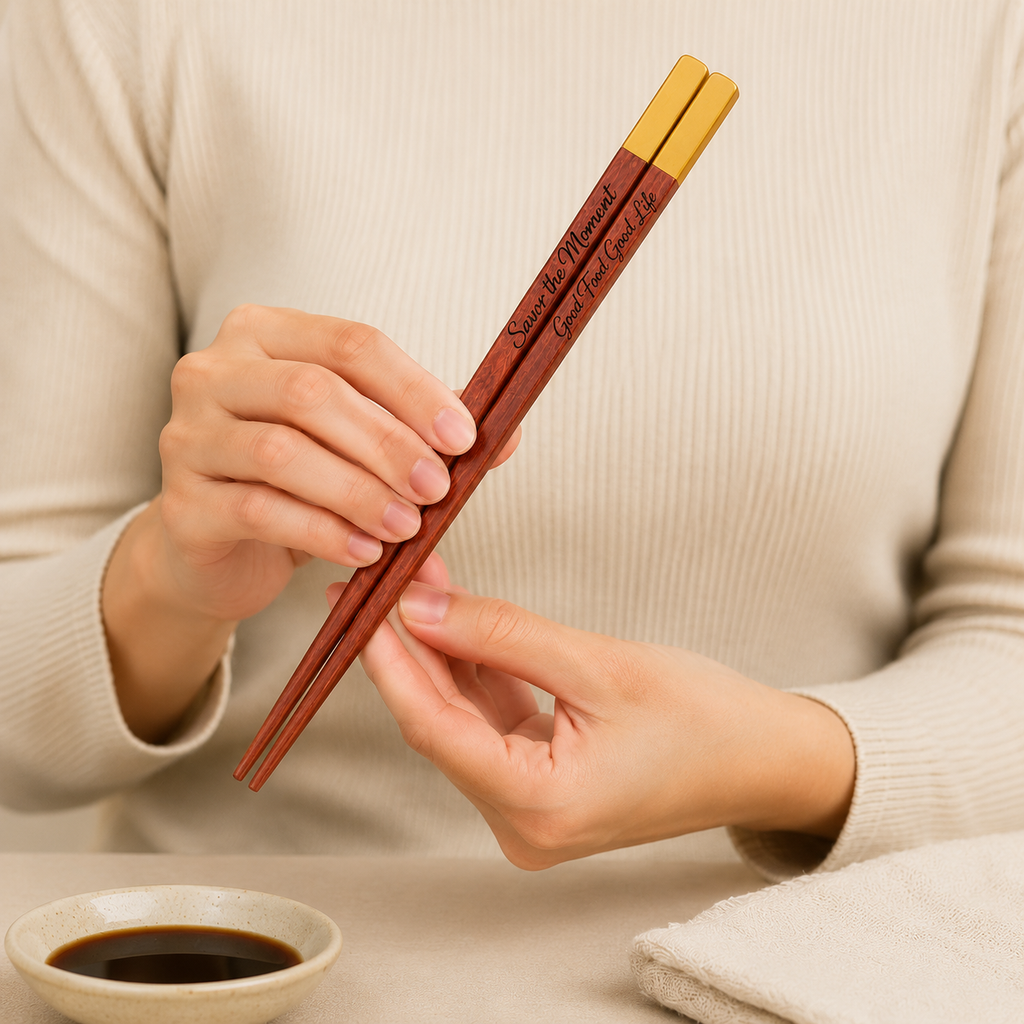 A person in a cream ribbed sweater holds a pair of engraved wooden chopsticks with gold-colored tips. A small dish of soy sauce and a folded cloth are visible on the table in a softly lit indoor setting.